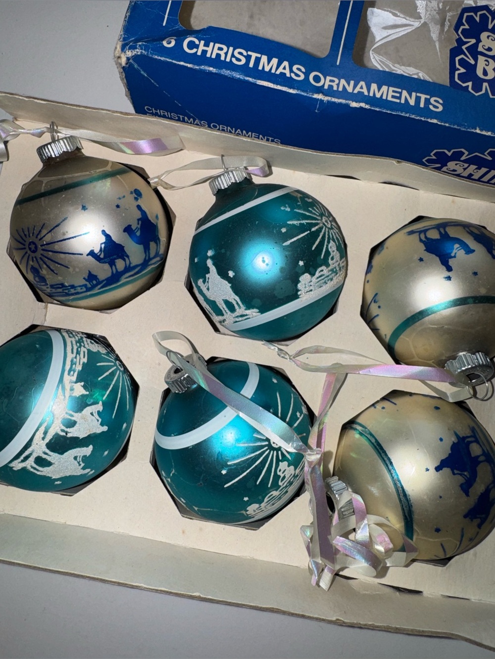Rare Shiny Brite Set of 6 Poloron-Christmas Ornaments. The Three wiseman.